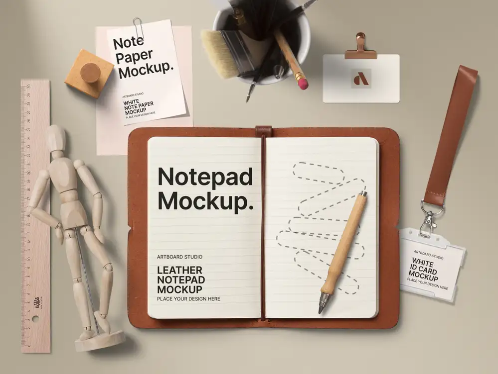 Stationery Mockup With Notepad And ID Card — Mockup Zone